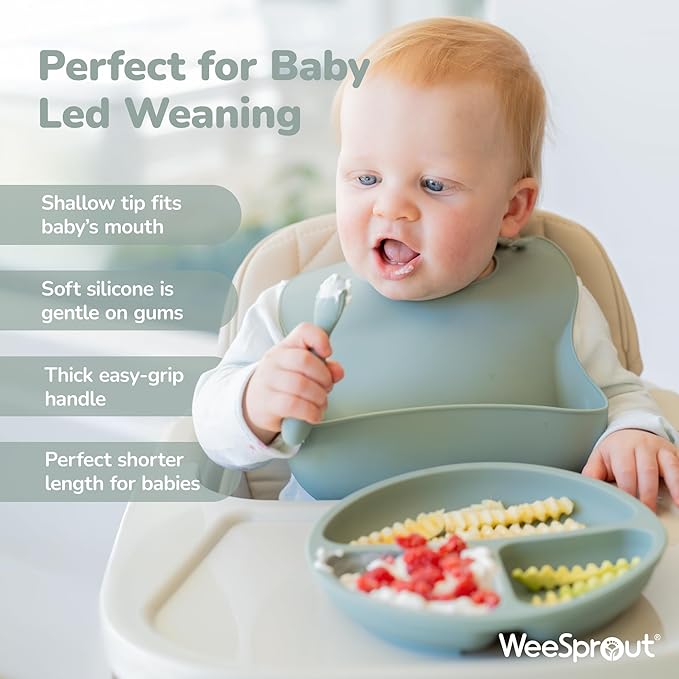 WeeSprout First Feeding Set - Silicone Baby Training Cup 2 Oz, Suction Bowl 10 Oz with Lid & 2 Baby Led Weaning Spoons - For Children 4+ Months - Non-Slip Grip - Dishwasher & Microwave Safe