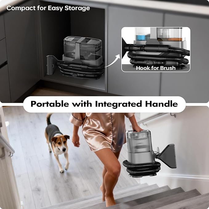Portable Carpet & Upholstery Spot Cleaner Machine 20Kpa Power Suction Carpet Shampooer Deep Cleaning for Pet Stains,Couch,Stair,Car,Furniture with Dual Brush Heads & Self-Cleaning