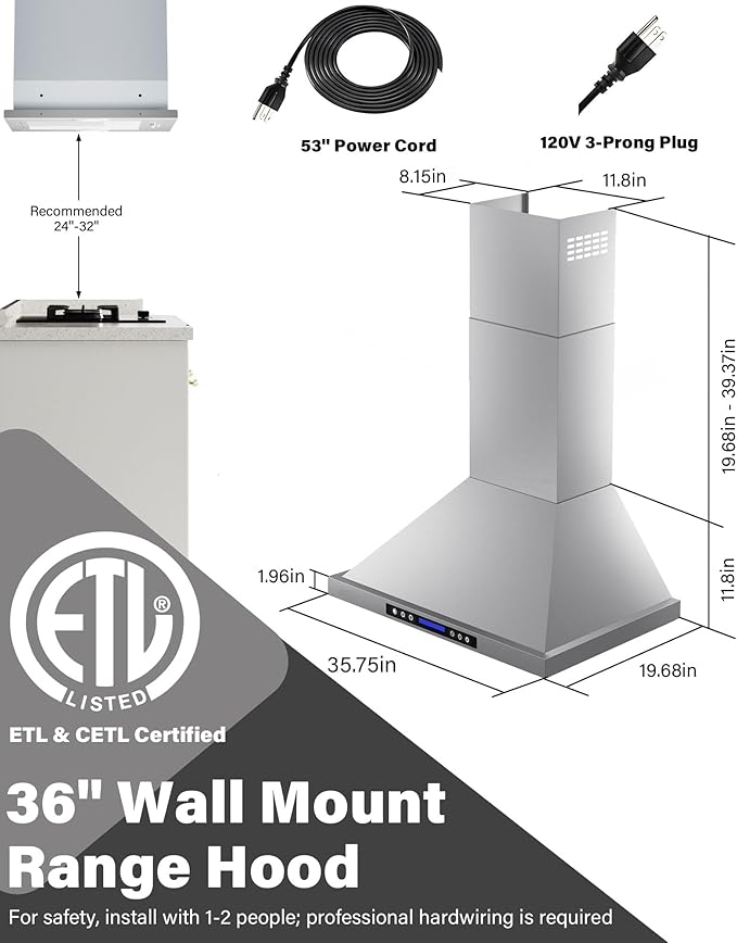 36 inch Stainless Steel Wall Mount Range Hood - 900 CFM, Ultra-Quiet 4-Speed Vent, Touch/Remote Control LCD, LED Lights, Ducted/Ductless Convertible
