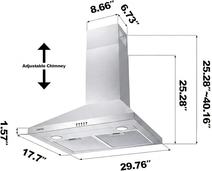 CIARRA Range Hood 30 inch Wall Mount 550CFM Ducted Ductless Stove Vent Hood with 2 LED Light for Kitchen, Stainless Steel, Push Button, Easy to Install, CAS75206P-N