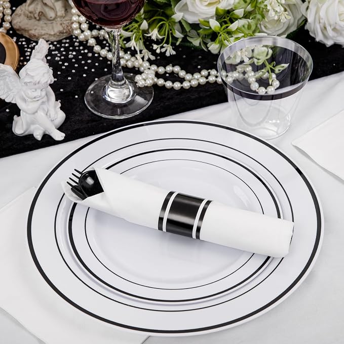 WELLIFE 350Pcs Black Plastic Dinnerware with Pre Rolled Napkins, Include:50 Dinner Plates, 50 Dessert Plates, 50 Paper Napkins, 50 Cups, 150 Plastic Cutlery