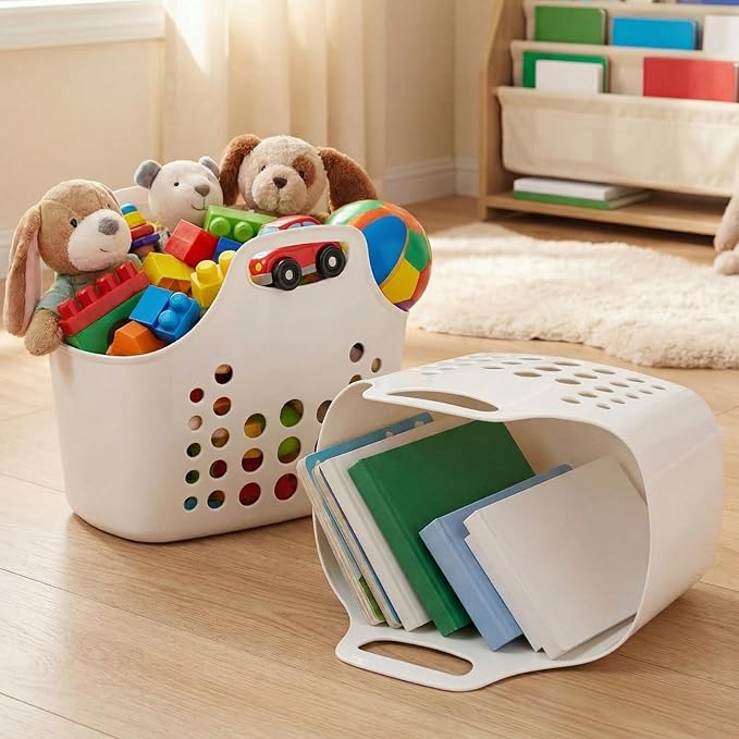 Nuogo 10 Pack White Basket with Handles Plastic Oval Carry Totes with Handles Caddy Multipurpose Organizer Reusable for Bathroom Dorm Communal Showers Kitchen School, 10.6" x 6" x 10"