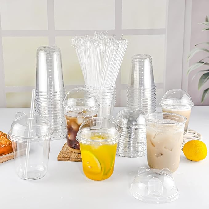 Qsqwsuye 50 Sets 12oz Disposable Transparent Plastic Cup with Panda Lids & Straws, Easy-to-Grip Design, Suitable for Iced Coffee, Milk Tea,Milkshakes,Perfect for Holiday Parties,Various Dining Occasio
