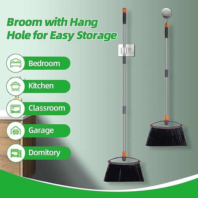 2 Pack Stiff Bristle Broom for Sweeping Indoor, Heavy Duty Broom with Collapsible Handle, Ideal for Indoor Outdoor Hardwood Floors Kitchen Salon Camping Cat Pets Hair Home Room Office, Gray