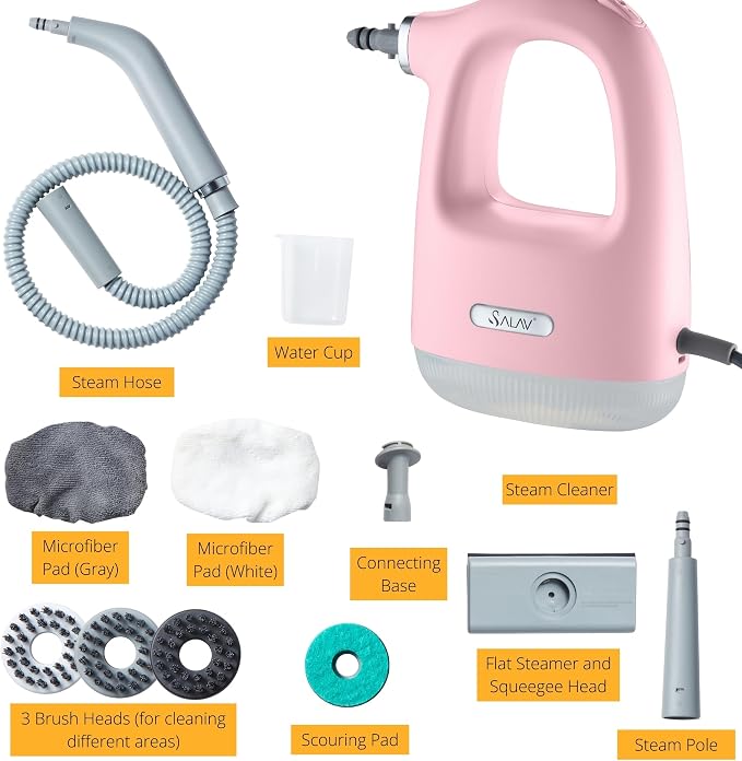 SALAV® CleanSteam Compact Steam Cleaner Pressurized Multi-Surface Handheld Steamer w/11pc Accessories, Safety Lock No-Drip Fast Heat Time Unlimited Use, for Cleaning Windows, Tiles, Grout, Car (Pink)