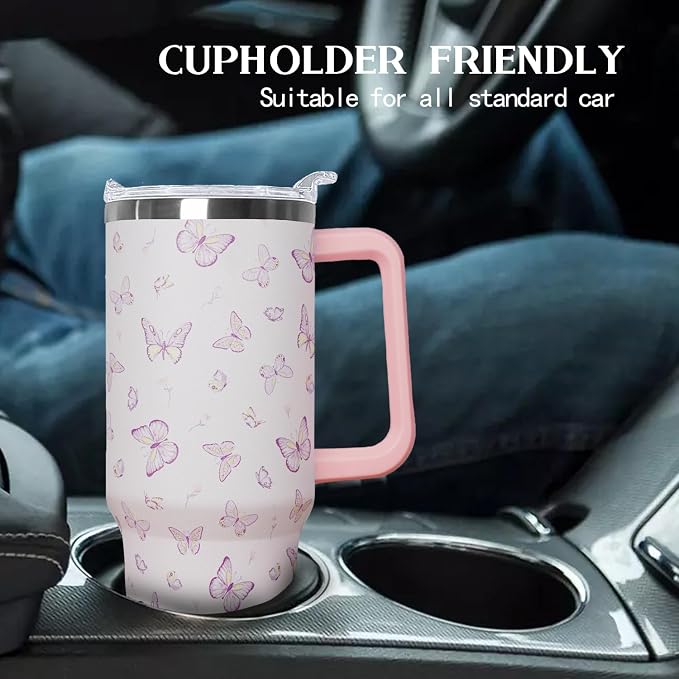 Ceovfoi 40 oz Butterfly Coffee Mug Cup, Vacuum Insulated Travel Tumbler with Handle, Lid and Straw, Butterfly Gifts, Stylish Accessories for Women Girls
