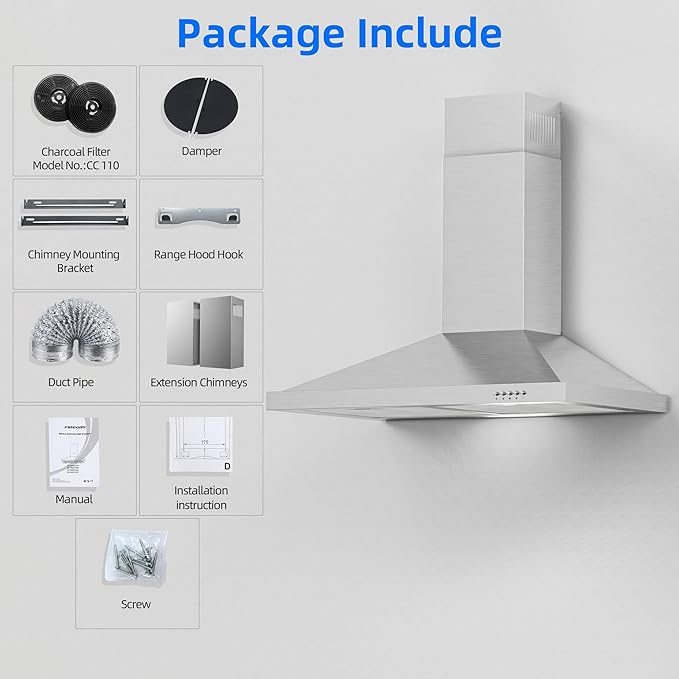 FIREGAS Range Hood 30 inch Wall Mount Type with Ducted/Ductless Convertible, 450 CFM Stainless Steel Chimney-Style Kitchen Hood, Over Stove Vent Hood with 3 Speed Fan, LED Light, Charcoal Filters