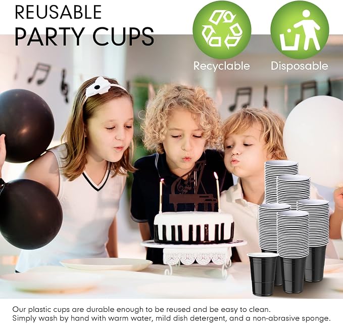 Mimorou Black 200 Pack Plastic Cups 16 oz Disposable Cups for Party Wedding Halloween Stackable Beverage Drinking Tumbler Heavy Duty for BBQ Birthday Baby Shower