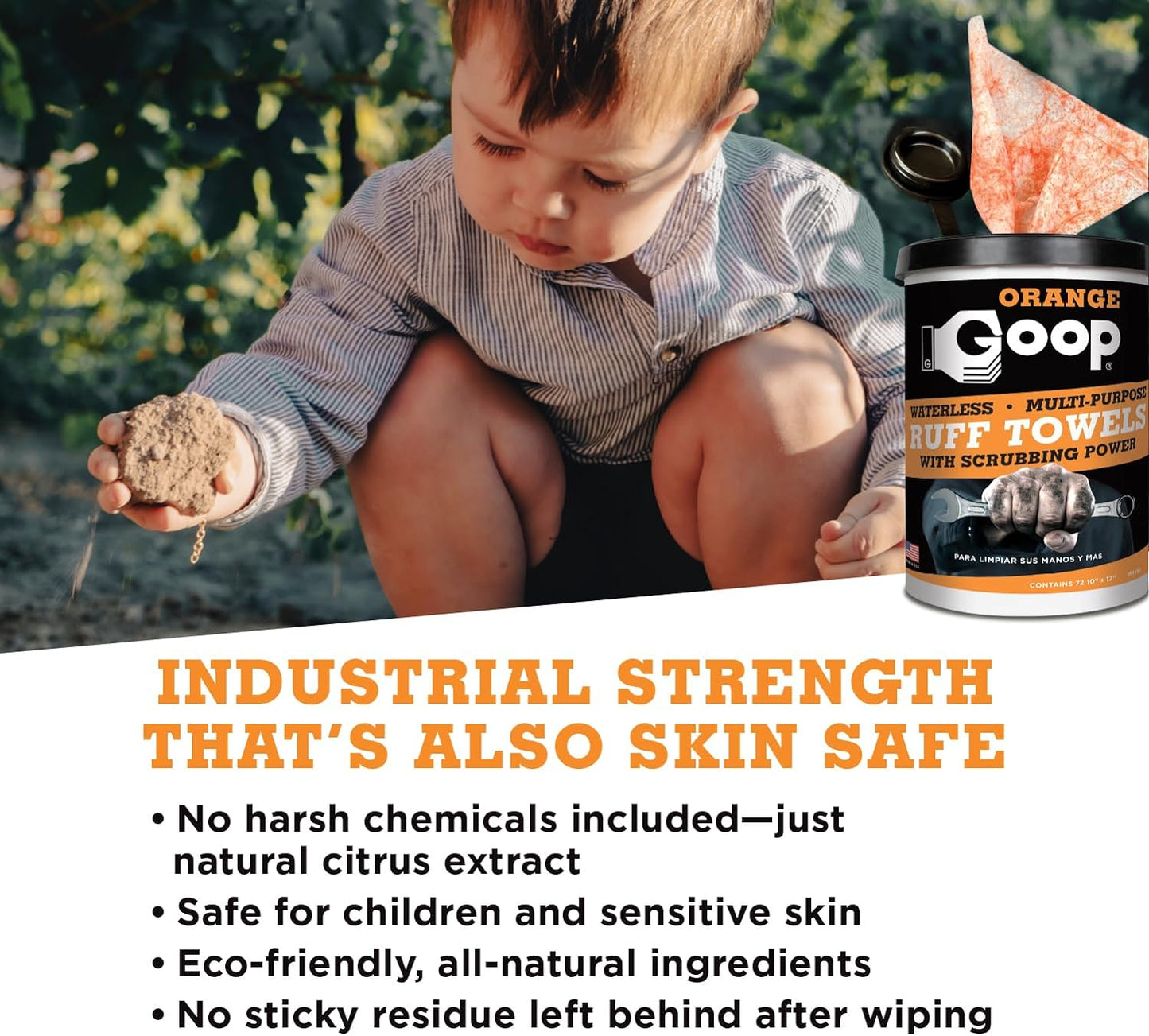 GOOP Orange Heavy Duty Ruff Towels with Scrubbing Power, 10โ x 12โ Dual Textured Multi-Purpose Cleaning Wipes, Removes Dirt, Grease, Oil, 72 Count