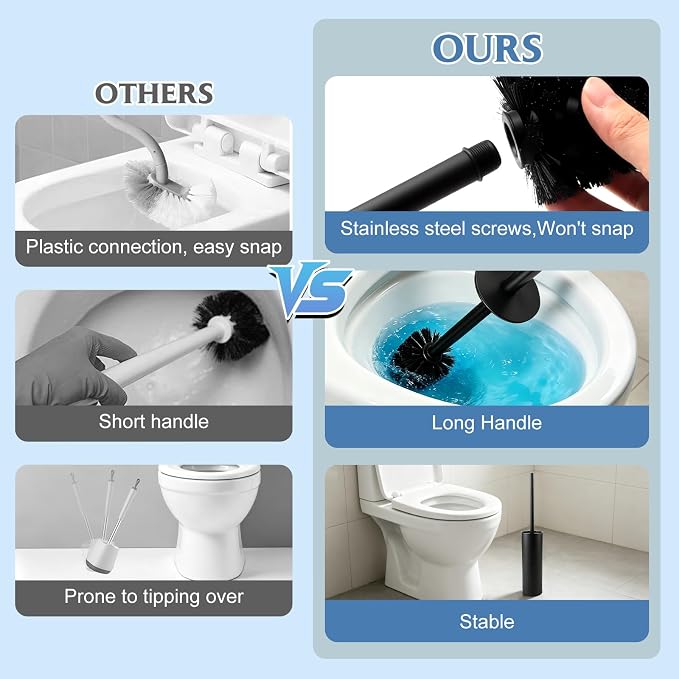 Stainless Steel Toilet Brush,Toilet Bowl Brush and Holder Set,Scratch Resistant Stainless Steel Toilet Brush with Long Handle,Toilet Cleaners with Replacement Head & Removable Inner Bowl,Space Saving