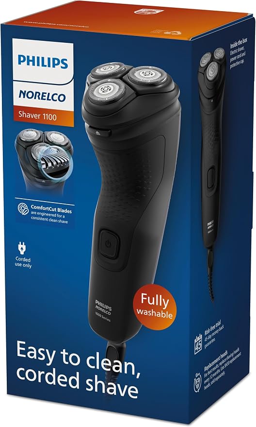 Philips Norelco Shaver 1100 Series, Dry Electric Shaver, 27 Self-Sharpening ComfortCut Blades, 4D Floating Heads, P-Cap, Deep Black, Model S1016/90 (Pack of 2)