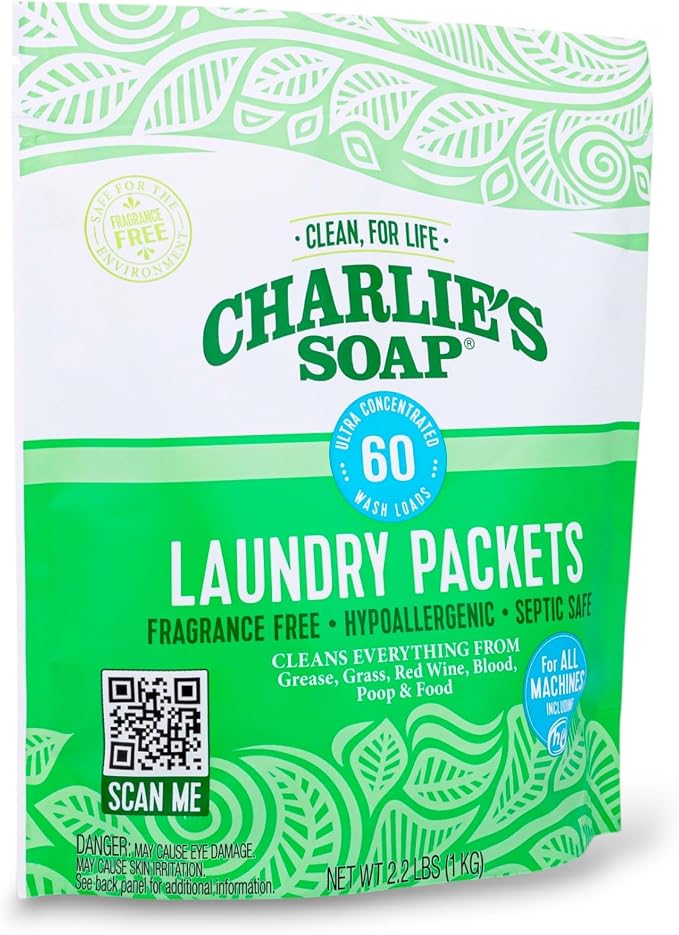 Charlie’s Soap Laundry Powder Packets, Pre-Measured Single Dose Laundry Detergent, Hypoallergenic, Biodegradable, HE & Septic Safe, Fragrance Free, 60 Pods (1 Pack)