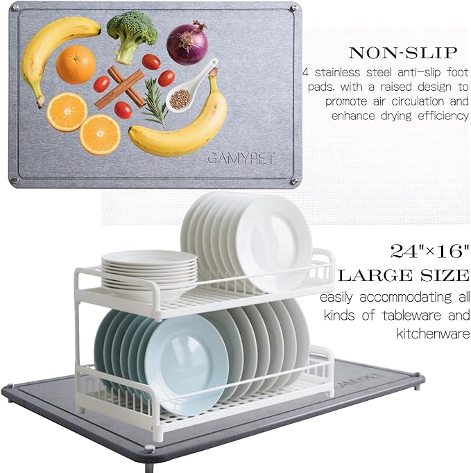 Stone Dish Drying Mat 24"×16" Large Diatomaceous Earth Dishes Quick Dry Pad for Kitchen Counter with Heighten Stainless Steel Feet, Fits Various Countertops & Drain Bowl Racks, Light Gray