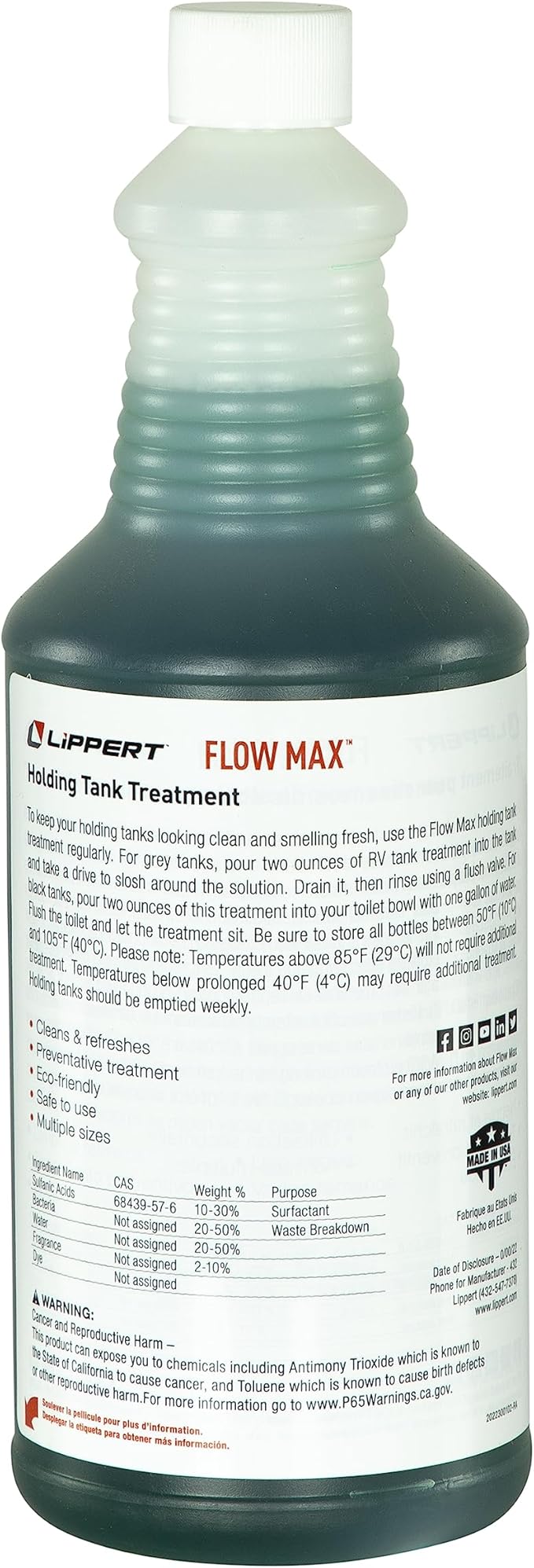 Lippert Flow Max Holding Tank Treatment for RVs and Boats, Breaks Down Toilet Paper, Prevents Clogging and Residue Buildup, Cleans Sensors, Made in The USA (32 oz. Bottle) - 2022116483