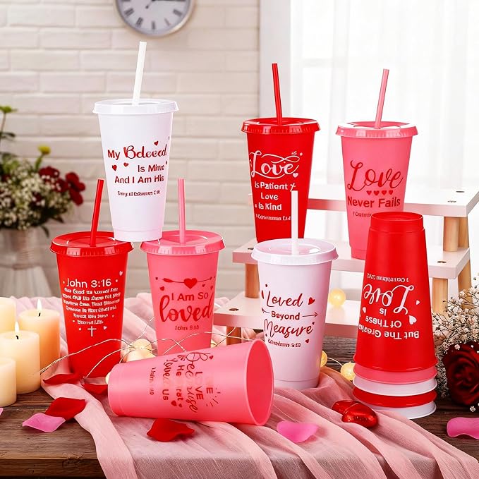 Meanplan 24 Packs Valentine's Day Christian Gift 24 oz Plastic Valentine Scripture Tumbler with Lids and Straws Jesus Bible Verse Cups Religious Church Gifts for Women Men Valentine's Party Favors