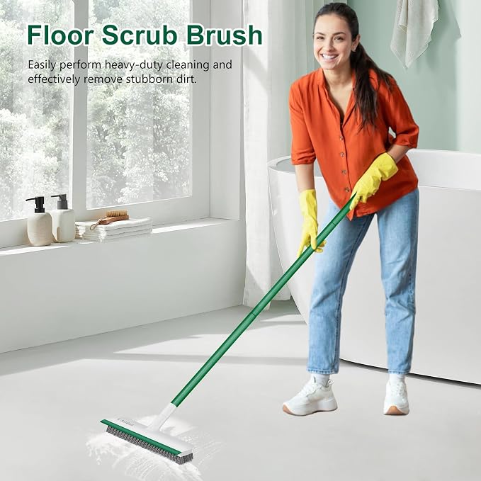 SetSail Floor Scrub Brush, Scrub Brush with Long Adjustable Handle 2 in 1 Scraper Brush Stiff Bristle Floor Scrubber for Cleaning Bathroom Shower Kitchen Garage Deck Tile Tub, White Green