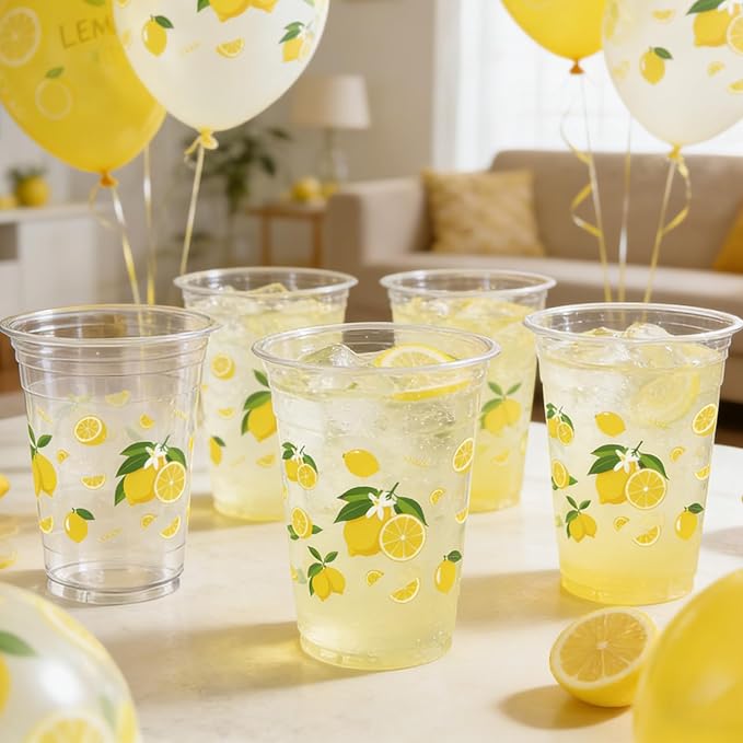 Rngmsi Lemon Plastic Cups for Party - 50 Pcs Lemonade Stand Supplies, 12 OZ Clear Disposable Lemonade Cups, Summer Lemon Party Decorations for Birthday