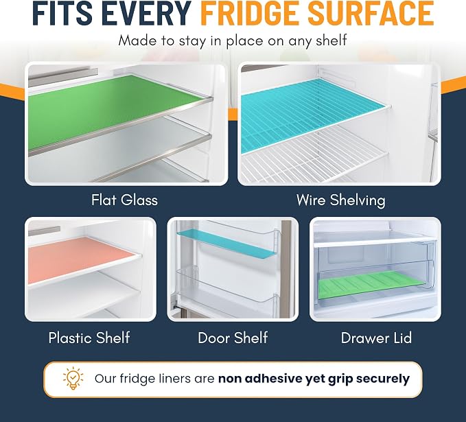 Refrigerator Liners for Shelves (12 Pack) by Linda’s Essentials - Non-Adhesive Shelf or Drawer Liner, BPA-Free Fridge Mats for Kitchen & Cabinets, Easy to Clean, Ideal Household Essentials(MultiColor)