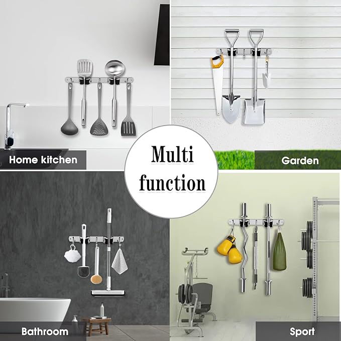 2 Racks and 3 Hooks & Black 5 Racks and 4 Hooks Broom and Mop Holder Wall Mounted Garage Organizer Storage Tool Racks Stainless Steel Heavy Duty Hooks Self Adhesive Solid Non-slip Wall Hangers