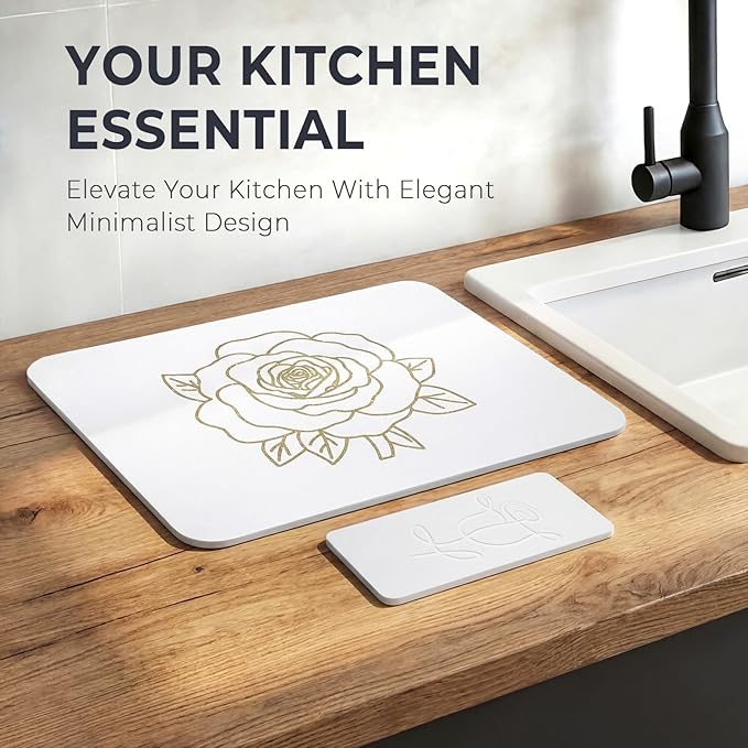 Stone Dish Drying Mat for Kitchen Counter, Glittery Resin Rose Pattern Quick Drying Mat, Water Absorbing Diatomaceous Pad for Plate Bottle Utensil Rack,Space Saving (Gold & White, 16"×12")