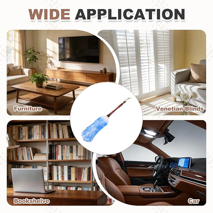 uxcell Wool Duster, 20.5" Natural Feather Cleaner Household Cleaning Duster with Solid Wooden Handle for Cleaning Fans Window Blinds Shelves Furniture, White Blue