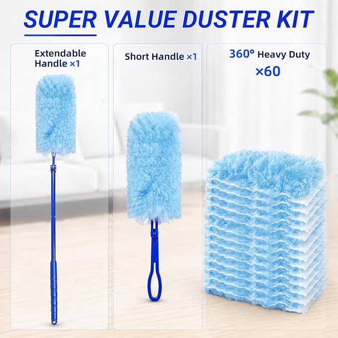 60 Count Heavy Duty Duster Refills for Swiffer Duster, 360° Double-Sided Electrostatic Dusting Pads with Upgraded Thick Fibers, 2 Handles Included, Disposable Microfiber Duster for Cleaning Home(Blue)