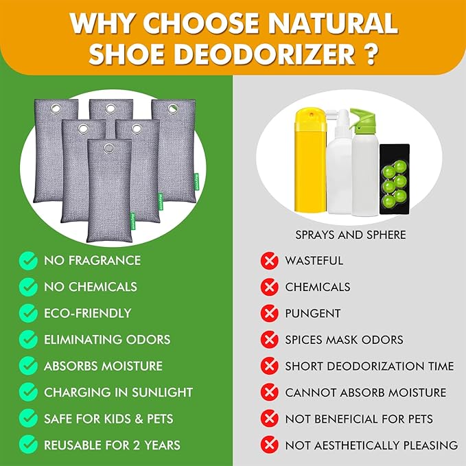 Activated Charcoal Odor Absorber, Natural Shoe Deodorizer Insert, Sneaker Odor Eliminator and Moisture Absorbers. 6 Pack Bamboo Charcoal Air Purifying Bags Shoe Smell Remover