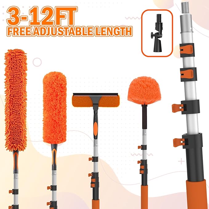LAANPOLE 20FT High Reach Duster Cleaning Kit with Extension Pole, High Ceiling Fan Cleaner Duster Tool for Fan Blades, Window Washing Kit with Microfiber Feather Duster & Window Squeegee
