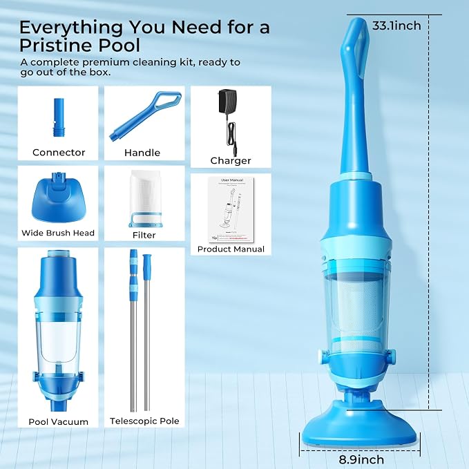 Pool Vacuum for Above Ground Pool, 1427 GPH Powerful Stable Suction, Telescopic Pole up to 90.7", 1H Runtime, Cordless Pool Vacuum for Inground Pools, Extra-Large Filter, Ideal for Leaves/Sand/Debris