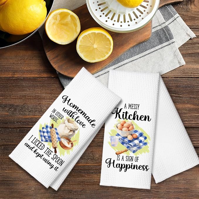 A Messy Kitchen is A Sign of Happiness Kitchen Towels 2 Pack, Towels Set for Housewarming, Thanksgiving Housewarming Gifts for Wife Neighbor Mom Friends, Cooking Lovers Gifts Ideas