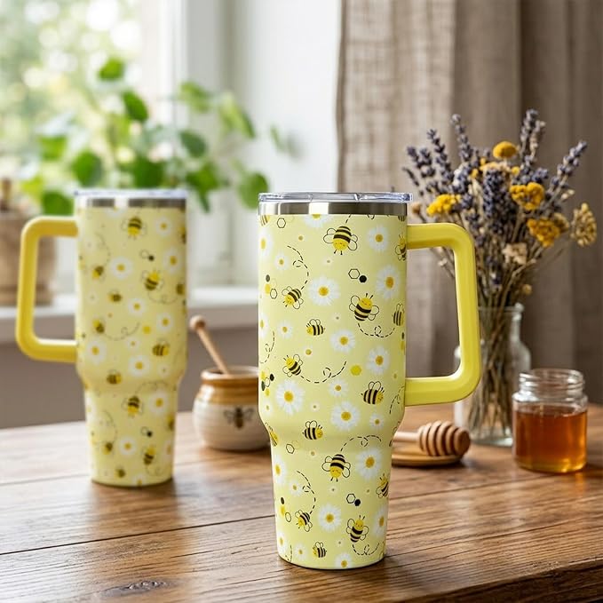 Ceovfoi 40oz Bee tumbler With Handle Lid and Straw,Coffee Mug Cup Skinny Tumbler Water Bottles,Honey themed Gifts for Women Daisy Flowers,Bee Decor