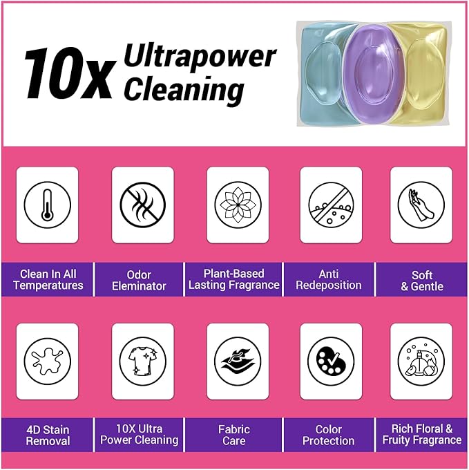 WBM 10-in-1 Laundry Detergent Pods, Fabric Softener with Lavender Extracts, High-Efficiency Laundry Pods with Powerful Stain Lifter Technology - 128 Count Bag