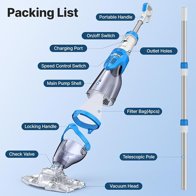 OGERY Pool Vacuum for Above Ground Pool, Up to 18.5GPM Flow & 50KPA Powerful Suction, 60Mins Runtime, Telescopic Pole Cordless Pool Vacuum for Inground Pools, Handheld Pool Vacuum for Spas/Hot Tubs