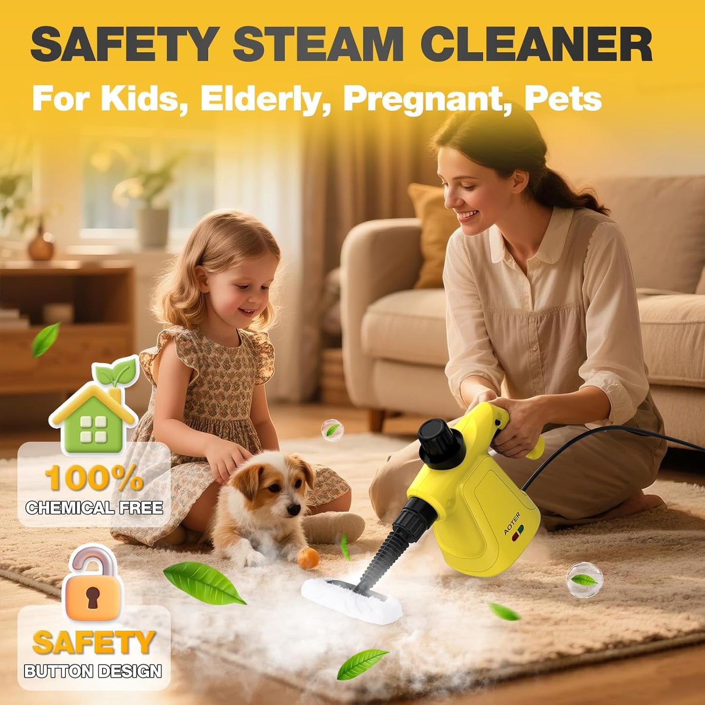 Pressurized Handheld Steam Cleaner, Portable Multi-Surface Cleaner for Home, Multipurpose Steam Cleaner for Tile, Grout, Windows, Bathroom, with 12pcs Accessories (Yellow)