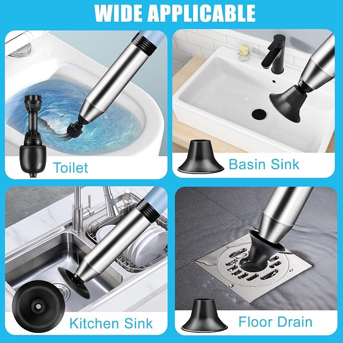 Electric Toilet Plunger, Blue One-Touch High Pressure Air Drain Blaster with Real-Time Barometer & Multi-Accessory Kit, Heavy Duty Automatic Drain Unclogger for Toilets, Sinks, Tubs, Pipes