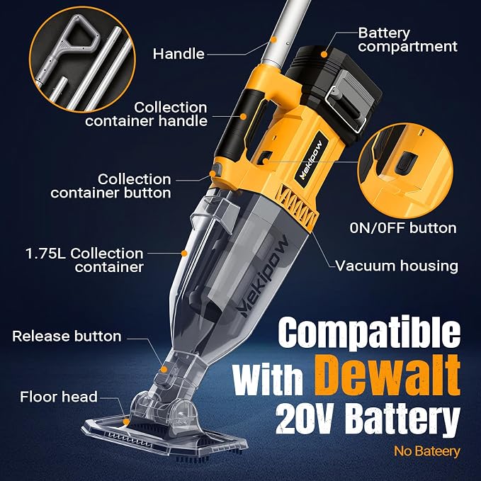 Cordless Handheld Pool Vacuum for Above Ground Pool Compatible for Dewalt 20V Battery, Swimming Leaf Vacuum Cleaner with Suction 18.5 GPM |7.5Ft ft Max Reach Ideal for Leaves & Debris(No Battery)