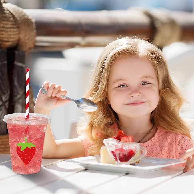 Whaline 50Pcs Strawberry Disposable Plastic Cups with Lids and Straws 12 Oz Red Summer Fruit Cold Beverage Drinking Cups for Sweet One First Birthday Baby Shower Party