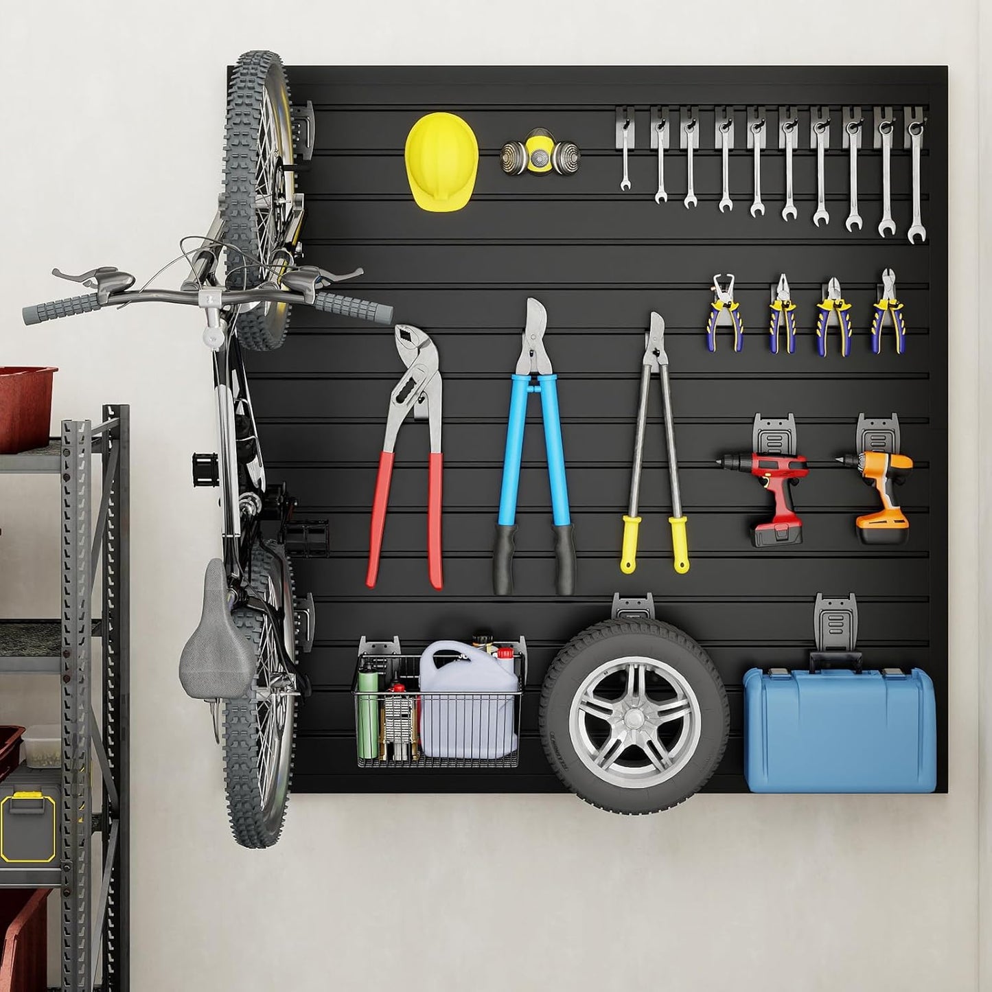 DoCred Slatwall Paneling Organizer, 4x4 FT PVC Garage Slat Wall Storage Systems, Heavy Duty Mounted Slat Peg Board for Tool Organization Ladder Bike Includes 20 PCS Hooks Accessories Kit (Black)