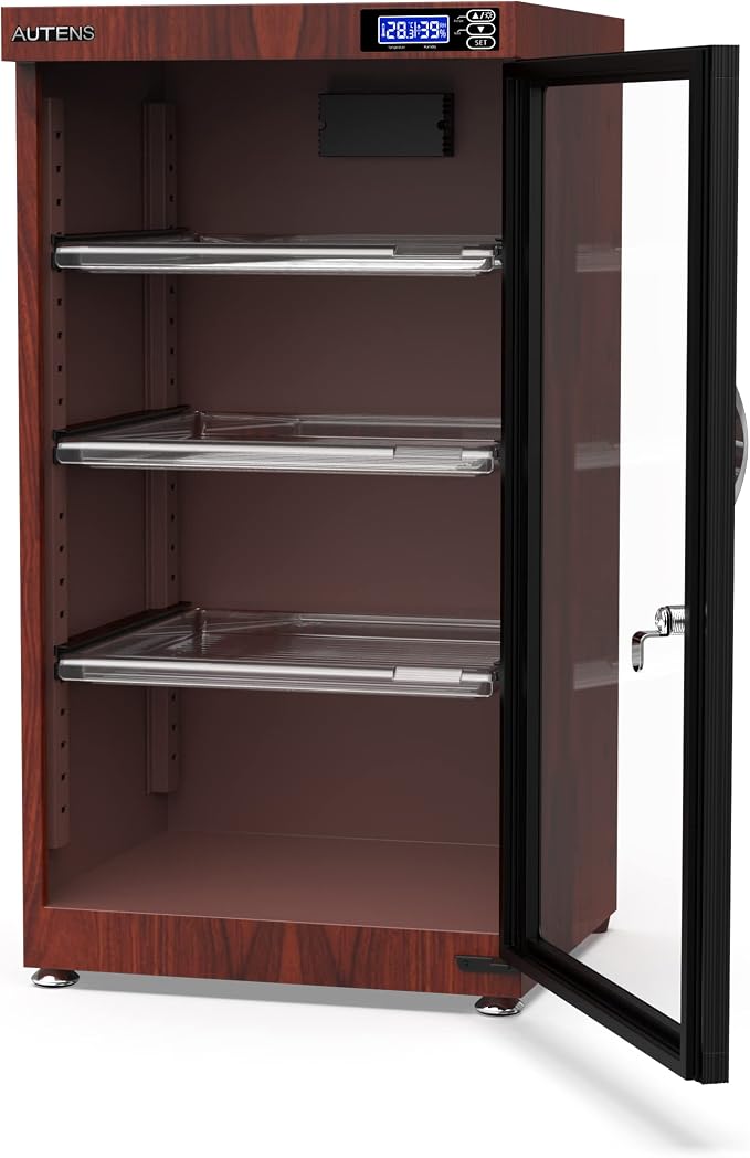 105L Dehumidifying Dry Cabinet Box, Wood grain Design Digital Control Noiseless and Energy Saving,4 layer for Camera Lens and Electronic Equipment Storage,Temperature Humidity LED Dual Screen