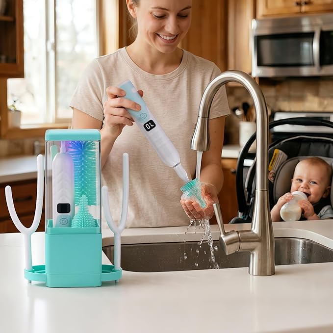 Electric Bottle Brush Cleaner with Drying Rack & LED Display, Rechargeable Baby Bottle Cleaning Kit, 360° Automatic Bottle Washer for Travel & Home, Silicone Spin Brush Set for New Parents, Green