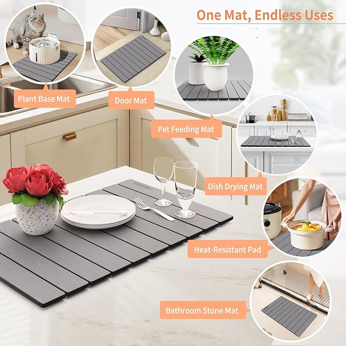 HotFox Dish Drying Mat for Kitchen Counter β Quick Dry Stone Drying Mat, Foldable Diatomaceous Earth Pad, Non-Slip Kitchen Sink Drying Mat, Large Fast Drying Stone Mat for Dishes, Coffee Maker, Grey