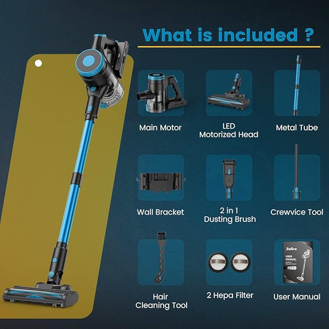Zefiro Cordless Vacuum Cleaner,45Mins Runtime Vacuum Cleaners for Home, Anti-Tangle and 1.5L Dust Cup, Lightweight Vacuum for Hardwood Floor Carpet Pet Hair