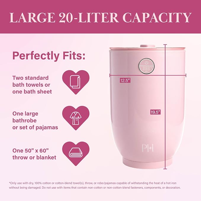 Paris Hilton 20L Luxury Towel Warmer, Built-In Aromatherapy Compartment, Touchscreen Control with Delay Start Timer and Preset Timers, Fits 2 Bath Towels or Throw Blanket, Pink