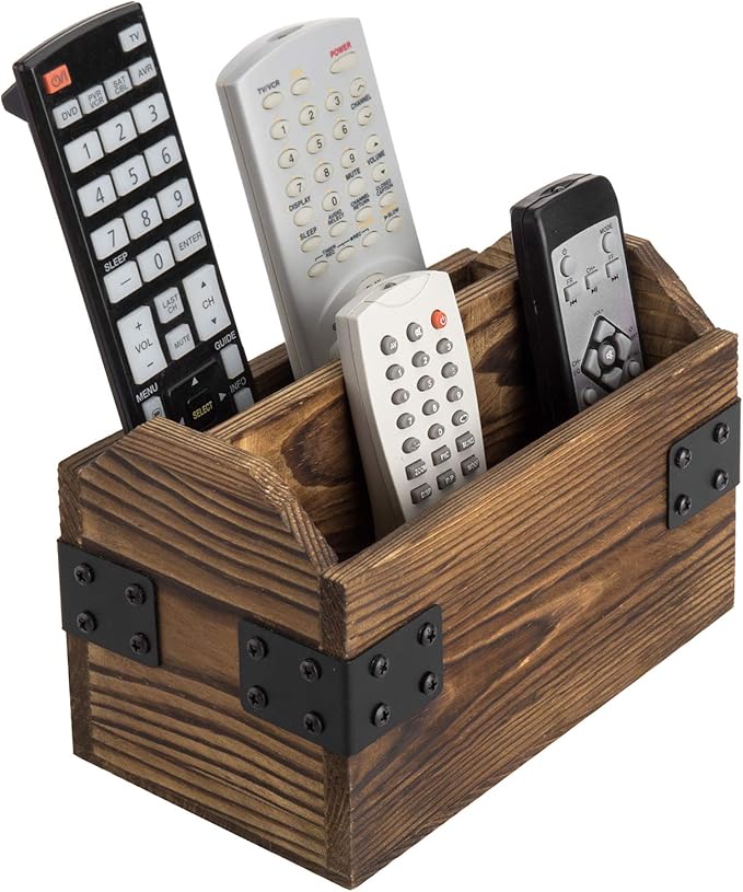 MyGift Wood TV Remote Control Holder, Remote Organizer Storage Caddy for Table with 2 Compartments and Decorative Black Metal Wrap Accents, Rustic Burnt