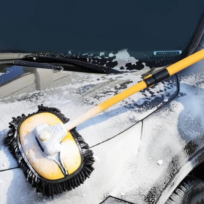 57'' Car Wash Brush with Long Handle Chenille Microfiber Car Wash Kit, Mitt Retractable Bent Pole Car Wash Brush for Cars RV Truck Boat (Yellow)