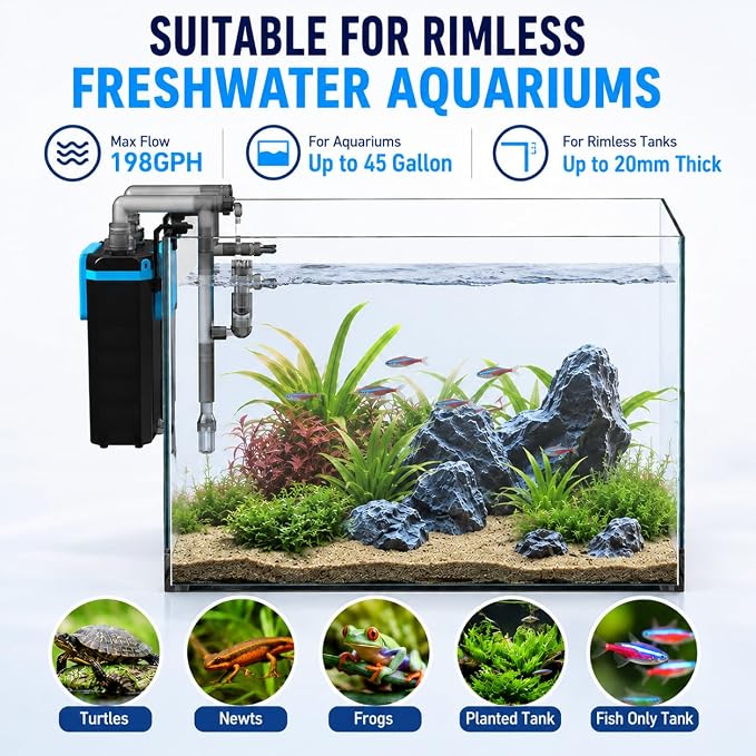 FZONE HOB Aquarium Filter for Small Fish Tanks, 4-Stage Hang on Back Canister Filter, 198 GPH Adjustable Flow, Rainfall, Duckbill & Direct Flow Outlets (L)