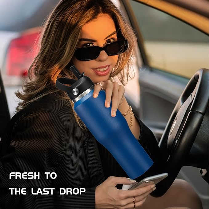 32oz Insulated Water-Bottle with Straw - Carrier Strap Bag, Keeps Cold 48h & Hot 24h, Metal Water Bottles 32 oz Cups with Lids for Gym/Hiking