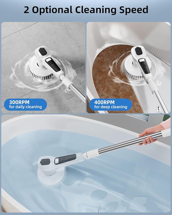 Electric Spin Scrubber,IP68 Professional Waterproof Spin Scrubber,5400mAh Battery Power Spin Scrubber, 51 inch Cordless Household Cleaning Brush with Automatic Water Spray (White)