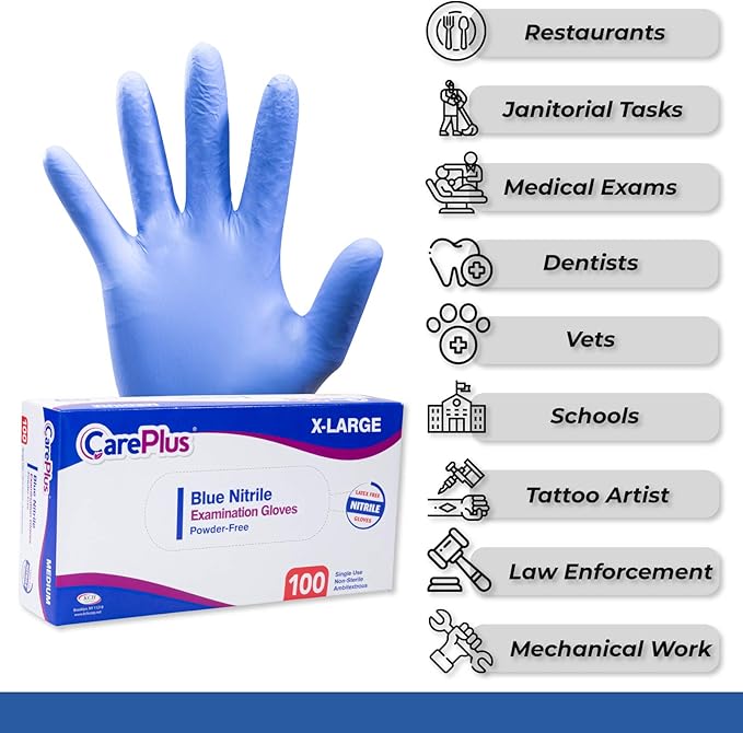 CARE PLUS Nitrile Gloves for Medical Use - Powder & Latex-Free - Black/Blue - S, M, L, XL - 100, 200, 1000