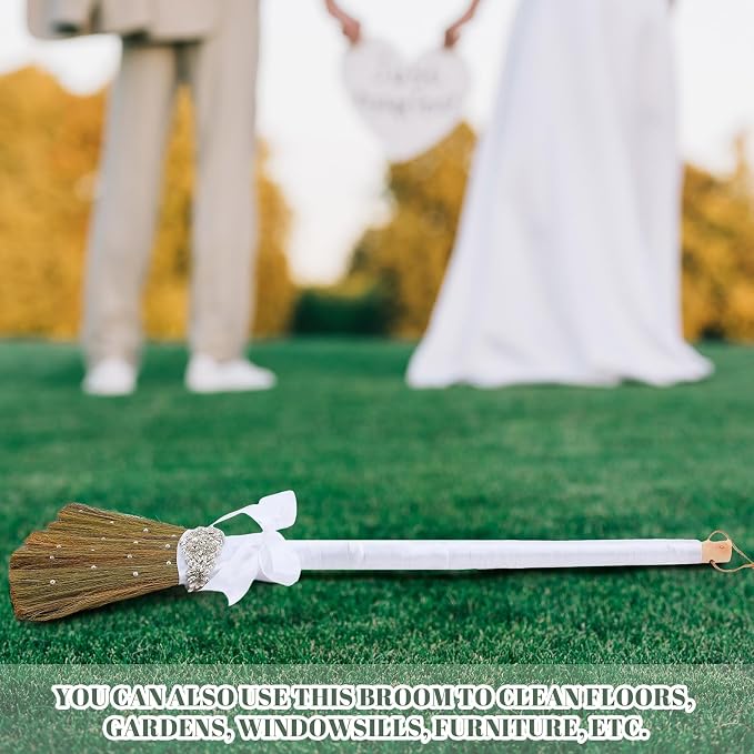 Yungyan Wedding Brooms for Jumping Ceremony DIY Bride Bridegroom 11.81 x 28.74 Inch Whisk Wedding Jumping Brooms with White Ribbons Artificial Pearl for African American Ceremony Crafts